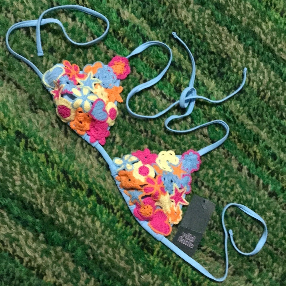 Wild Fable Light Blue Crochet Floral Triangle Bikini Top
